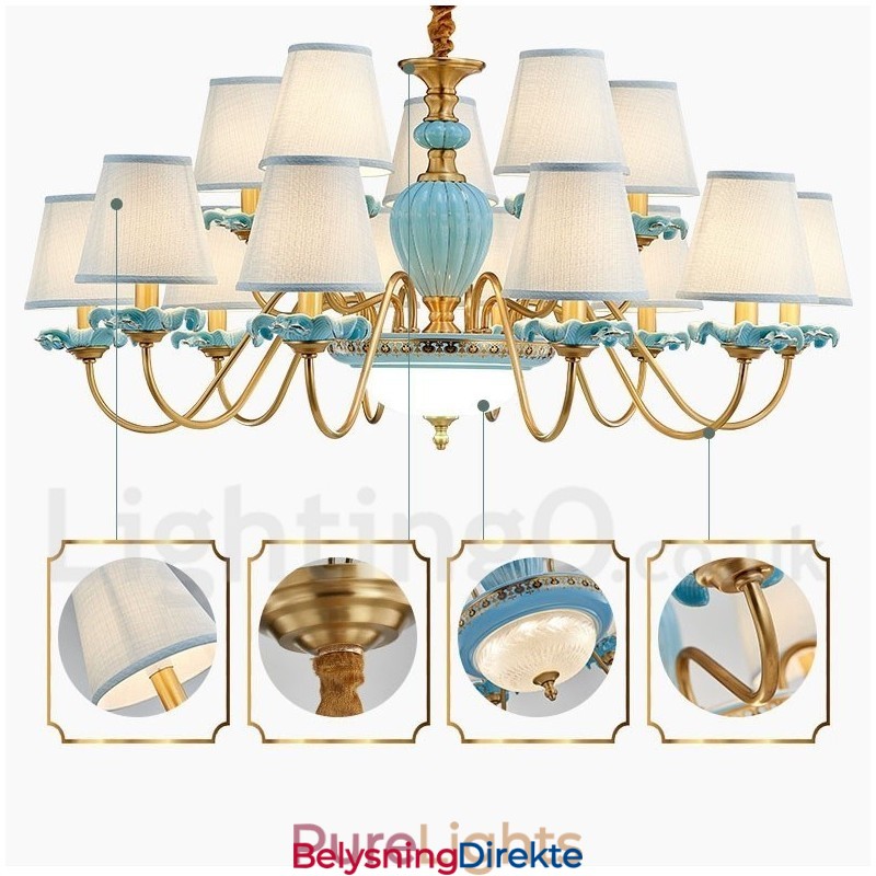 Retro Vintage Messing Keramikk Anhengslys Lysekrone Med Blå Stoffskjermer