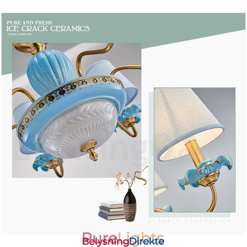 Retro Vintage Messing Keramikk Anhengslys Lysekrone Med Blå Stoffskjermer