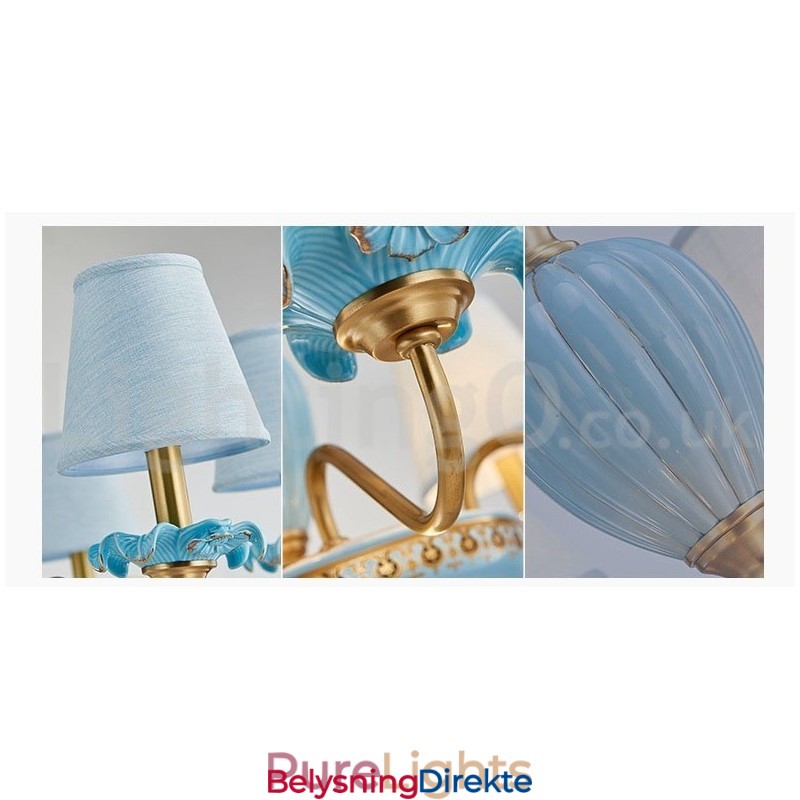 Retro Vintage Messing Keramikk Anhengslys Lysekrone Med Blå Stoffskjermer
