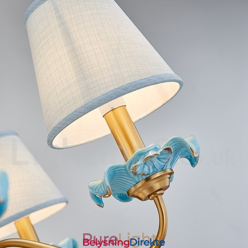 Retro Vintage Messing Keramikk Anhengslys Lysekrone Med Blå Stoffskjermer