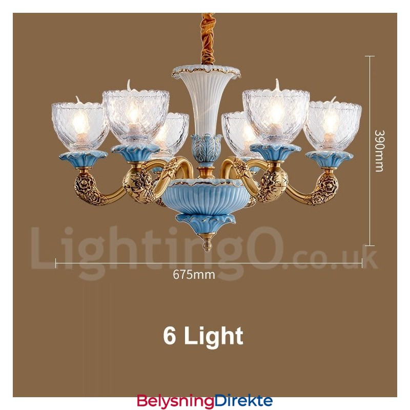 Retro Vintage Messing Keramikk Anhengslys Lysekrone Med Glassskjermer