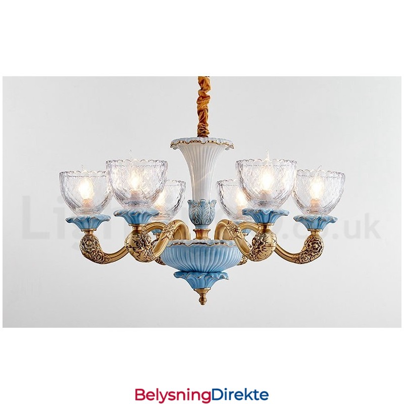 Retro Vintage Messing Keramikk Anhengslys Lysekrone Med Glassskjermer