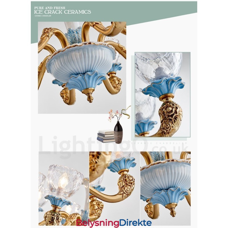 Retro Vintage Messing Keramikk Anhengslys Lysekrone Med Glassskjermer