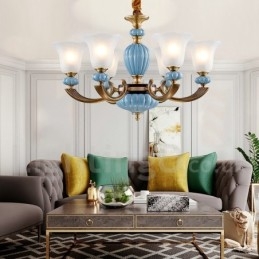 Retro Vintage Messing Keramikk Anhengslys Lysekrone Med Glassskjermer