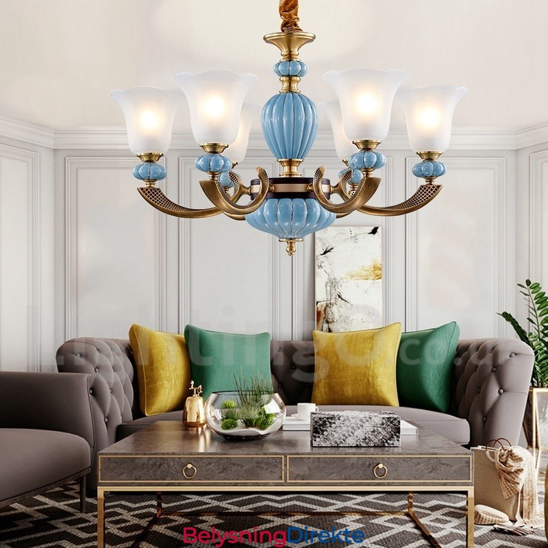 Retro Vintage Messing Keramikk Anhengslys Lysekrone Med Glassskjermer