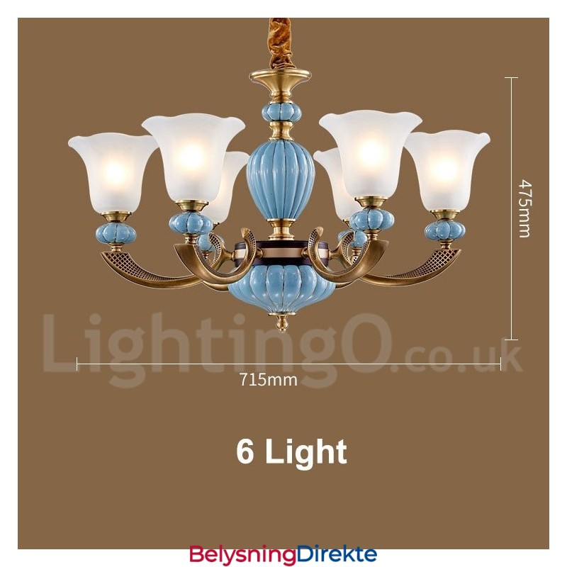 Retro Vintage Messing Keramikk Anhengslys Lysekrone Med Glassskjermer