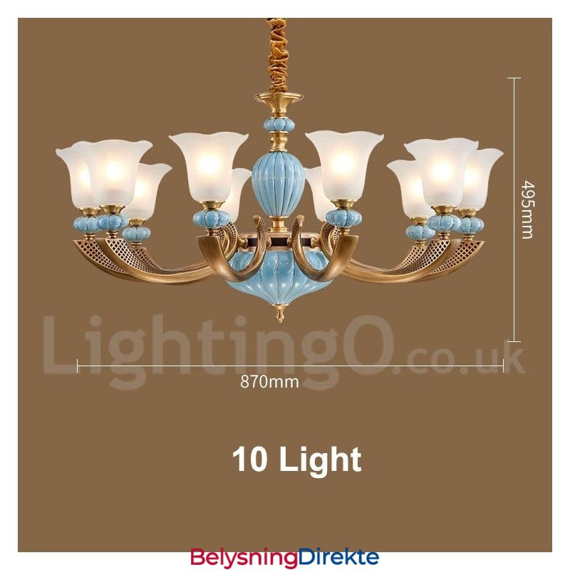 Retro Vintage Messing Keramikk Anhengslys Lysekrone Med Glassskjermer