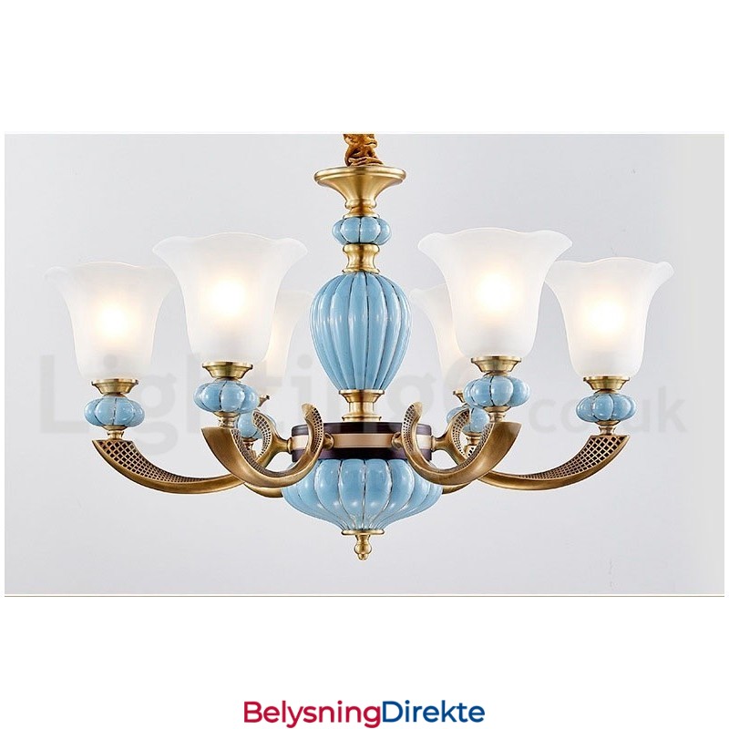 Retro Vintage Messing Keramikk Anhengslys Lysekrone Med Glassskjermer