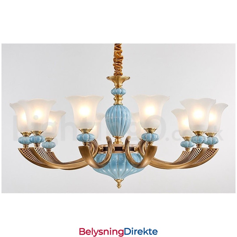 Retro Vintage Messing Keramikk Anhengslys Lysekrone Med Glassskjermer