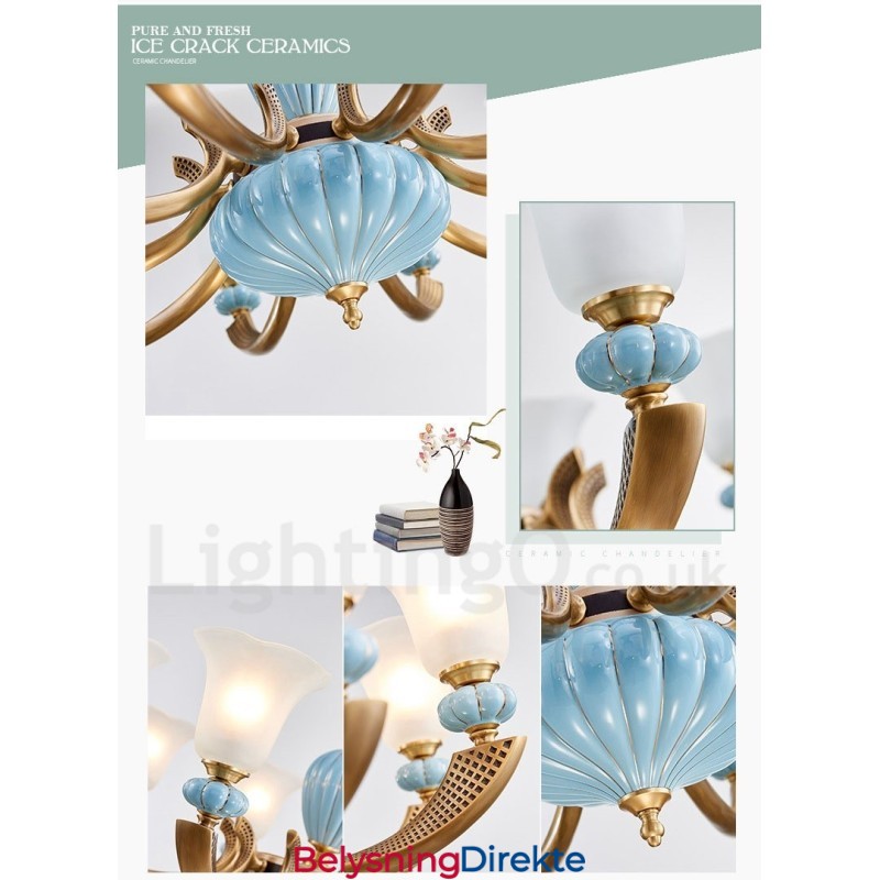 Retro Vintage Messing Keramikk Anhengslys Lysekrone Med Glassskjermer