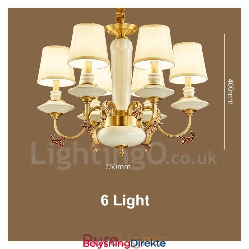 Retro Vintage Messing Keramikk Anhengslys Lysekrone Med Stoffskjermer