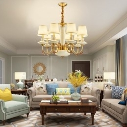 Retro Vintage Messing Keramikk Anhengslys Lysekrone Med Stoffskjermer