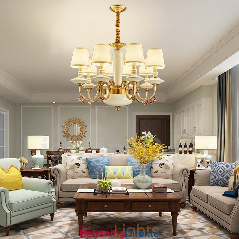 Retro Vintage Messing Keramikk Anhengslys Lysekrone Med Stoffskjermer