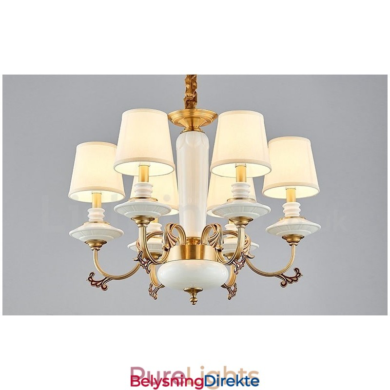 Retro Vintage Messing Keramikk Anhengslys Lysekrone Med Stoffskjermer