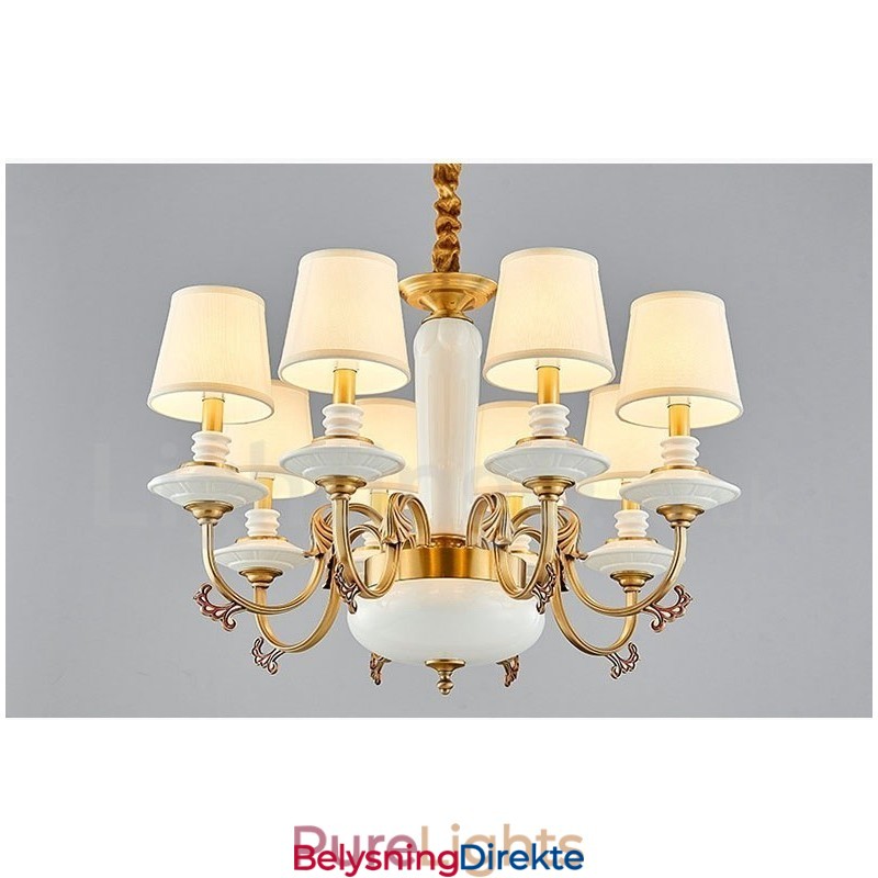 Retro Vintage Messing Keramikk Anhengslys Lysekrone Med Stoffskjermer