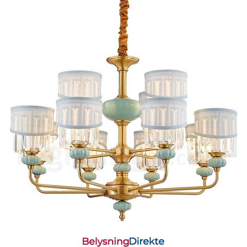 Luksuriøs Rustikk Retro Vintage Messing Keramikk Anhengslysekrone Med Stoff Og Krystallskjermer