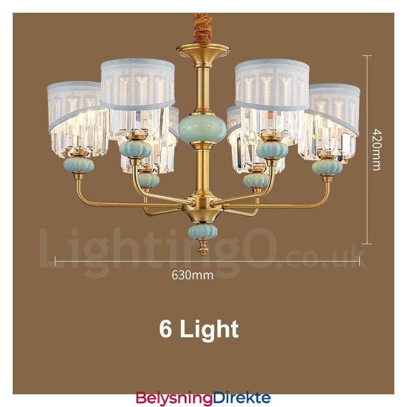 Luksuriøs Rustikk Retro Vintage Messing Keramikk Anhengslysekrone Med Stoff Og Krystallskjermer
