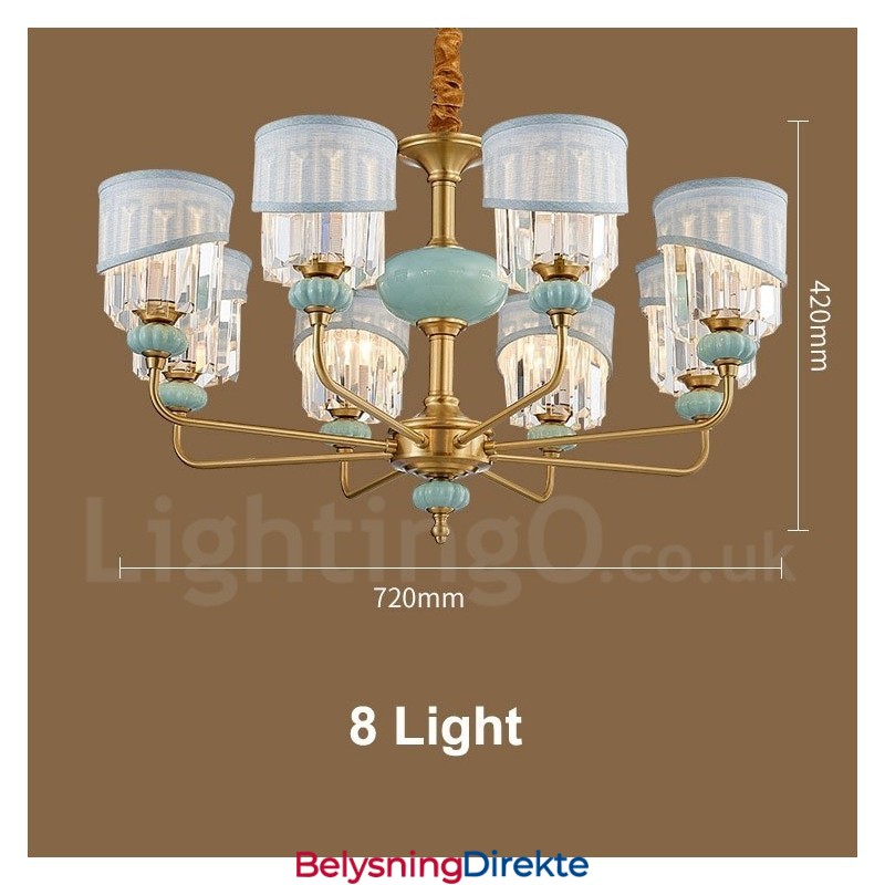 Luksuriøs Rustikk Retro Vintage Messing Keramikk Anhengslysekrone Med Stoff Og Krystallskjermer