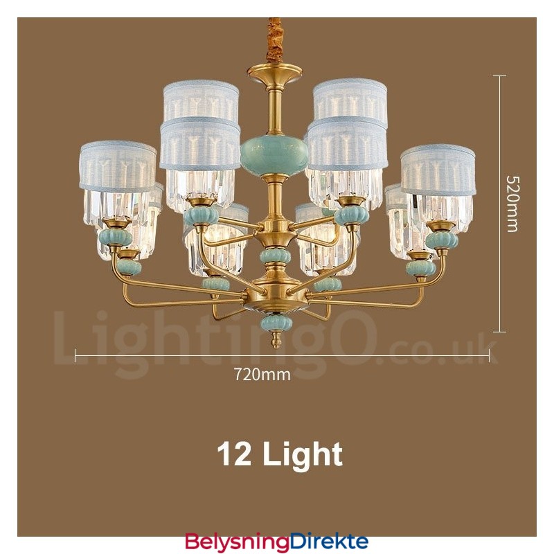 Luksuriøs Rustikk Retro Vintage Messing Keramikk Anhengslysekrone Med Stoff Og Krystallskjermer