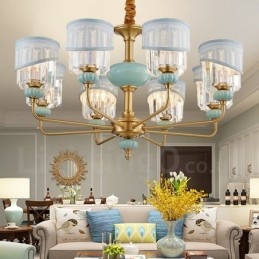 Luksuriøs Rustikk Retro Vintage Messing Keramikk Anhengslysekrone Med Stoff Og Krystallskjermer