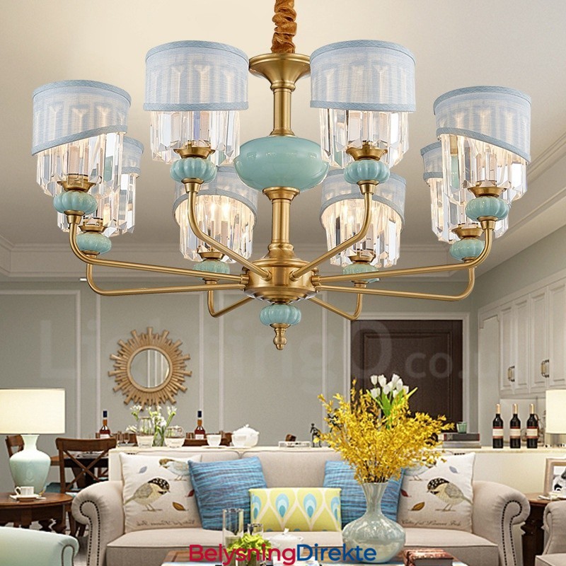 Luksuriøs Rustikk Retro Vintage Messing Keramikk Anhengslysekrone Med Stoff Og Krystallskjermer