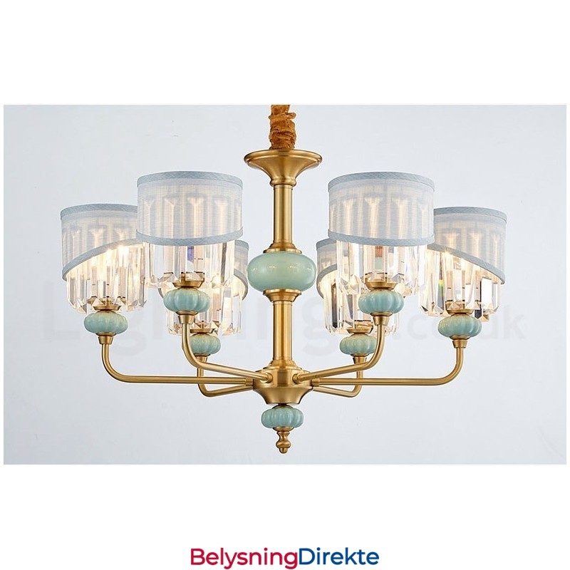 Luksuriøs Rustikk Retro Vintage Messing Keramikk Anhengslysekrone Med Stoff Og Krystallskjermer
