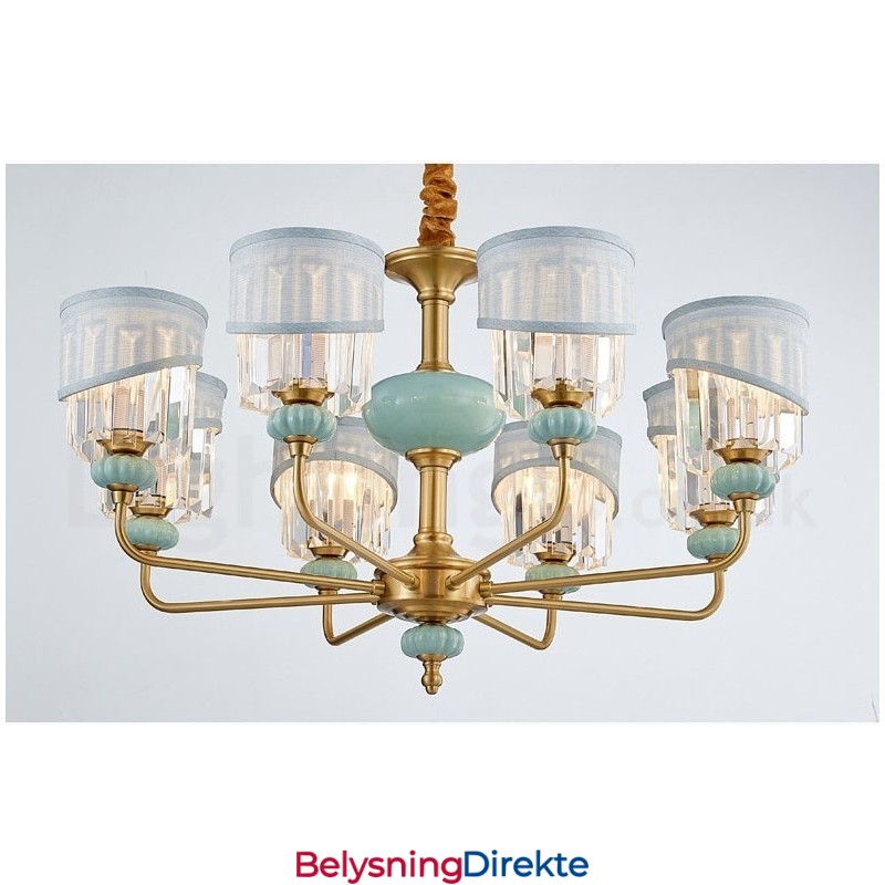 Luksuriøs Rustikk Retro Vintage Messing Keramikk Anhengslysekrone Med Stoff Og Krystallskjermer