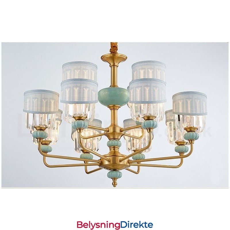 Luksuriøs Rustikk Retro Vintage Messing Keramikk Anhengslysekrone Med Stoff Og Krystallskjermer