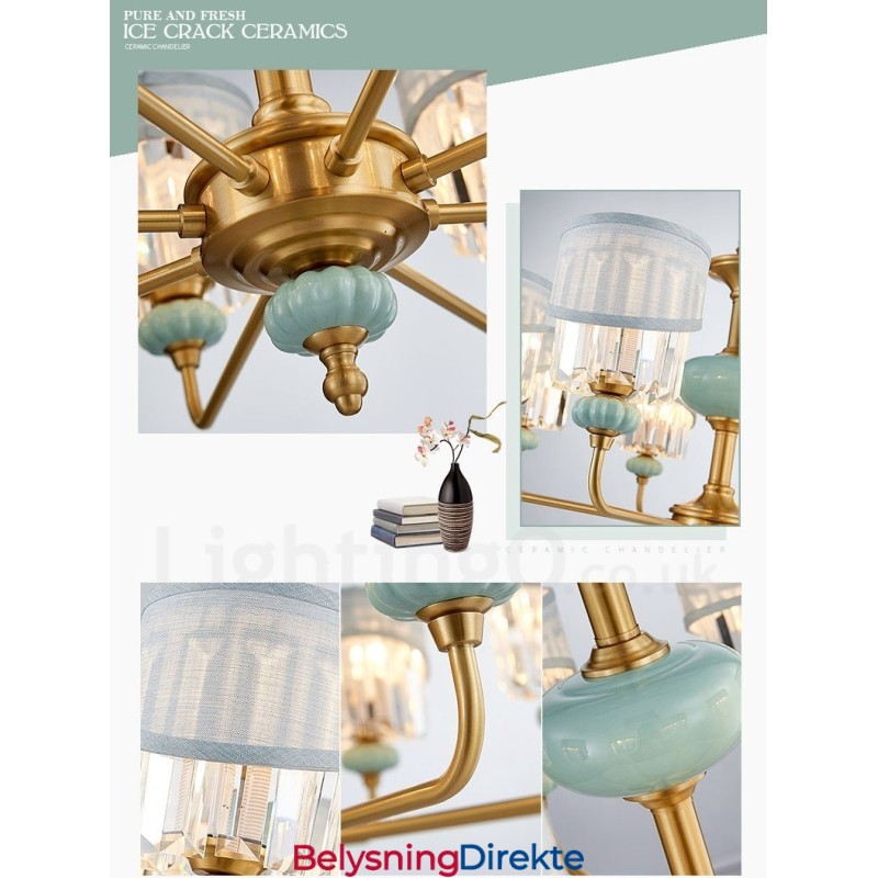 Luksuriøs Rustikk Retro Vintage Messing Keramikk Anhengslysekrone Med Stoff Og Krystallskjermer