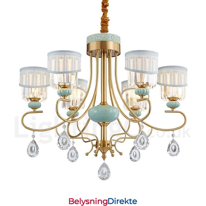 Luksuriøs Rustikk Retro Vintage Messing Keramikk Anhengslysekrone Med Stoff Og Krystallskjermer