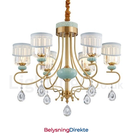 Luksuriøs Rustikk Retro Vintage Messing Keramikk Anhengslysekrone Med Stoff Og Krystallskjermer