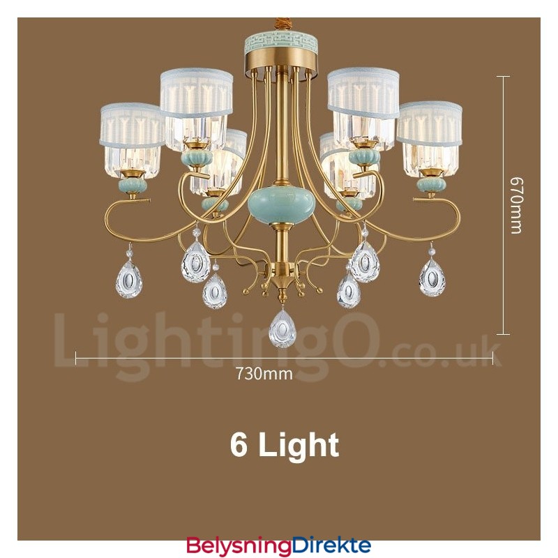 Luksuriøs Rustikk Retro Vintage Messing Keramikk Anhengslysekrone Med Stoff Og Krystallskjermer