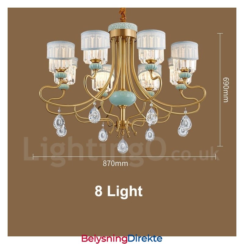 Luksuriøs Rustikk Retro Vintage Messing Keramikk Anhengslysekrone Med Stoff Og Krystallskjermer