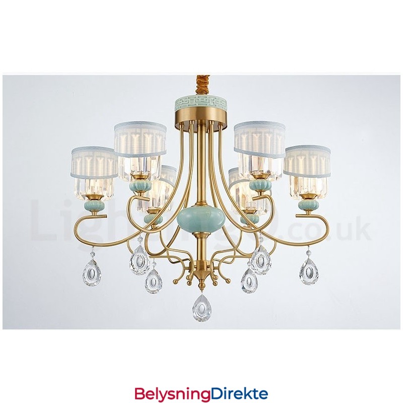 Luksuriøs Rustikk Retro Vintage Messing Keramikk Anhengslysekrone Med Stoff Og Krystallskjermer