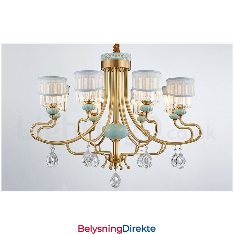 Luksuriøs Rustikk Retro Vintage Messing Keramikk Anhengslysekrone Med Stoff Og Krystallskjermer