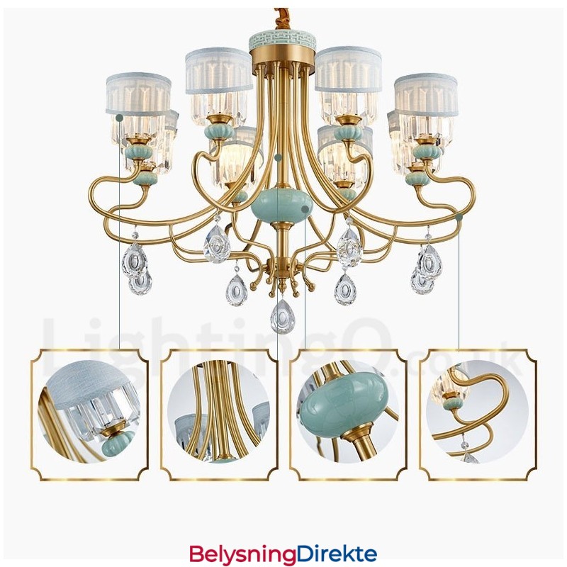 Luksuriøs Rustikk Retro Vintage Messing Keramikk Anhengslysekrone Med Stoff Og Krystallskjermer