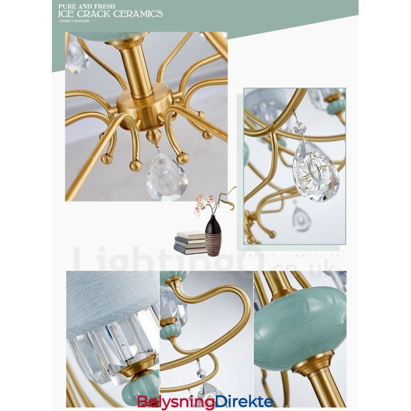 Luksuriøs Rustikk Retro Vintage Messing Keramikk Anhengslysekrone Med Stoff Og Krystallskjermer