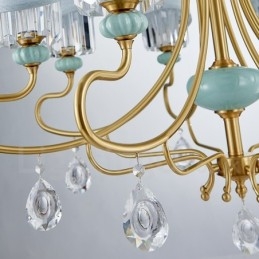 Luksuriøs Rustikk Retro Vintage Messing Keramikk Anhengslysekrone Med Stoff Og Krystallskjermer