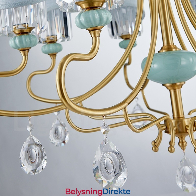 Luksuriøs Rustikk Retro Vintage Messing Keramikk Anhengslysekrone Med Stoff Og Krystallskjermer