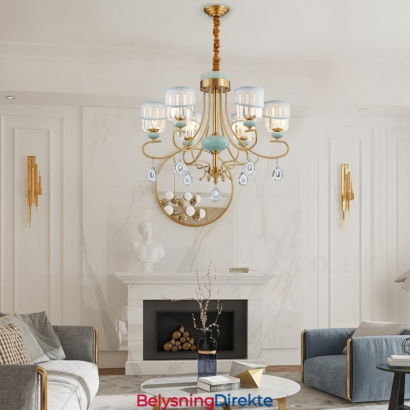 Luksuriøs Rustikk Retro Vintage Messing Keramikk Anhengslysekrone Med Stoff Og Krystallskjermer