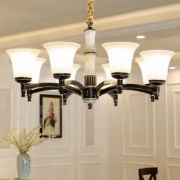 Luksuriøs Rustikk Retro Vintage Messing Stein Anhengslysekrone Med Glassskjermer I Ren Messing