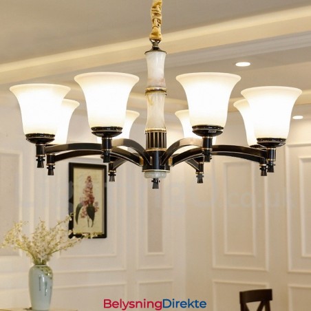 Luksuriøs Rustikk Retro Vintage Messing Stein Anhengslysekrone Med Glassskjermer I Ren Messing