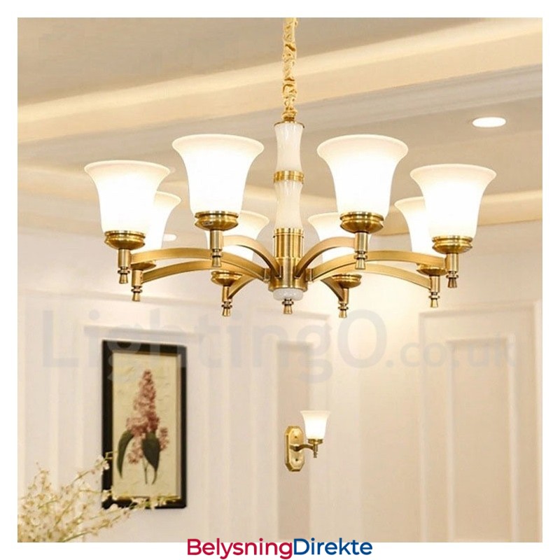 Luksuriøs Rustikk Retro Vintage Messing Stein Anhengslysekrone Med Glassskjermer I Ren Messing