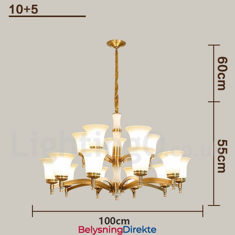 Luksuriøs Rustikk Retro Vintage Messing Stein Anhengslysekrone Med Glassskjermer I Ren Messing