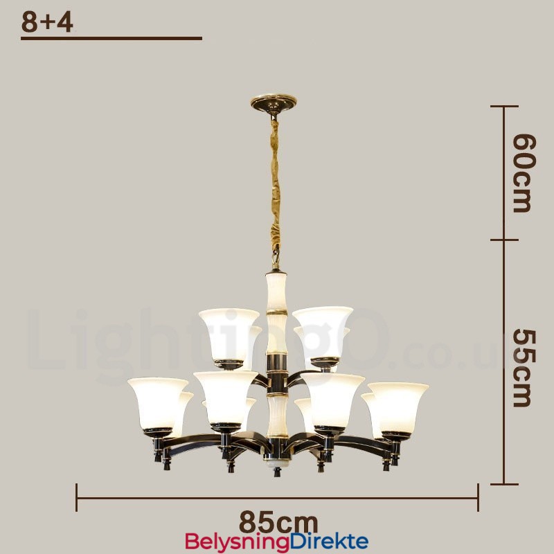 Luksuriøs Rustikk Retro Vintage Messing Stein Anhengslysekrone Med Glassskjermer I Ren Messing