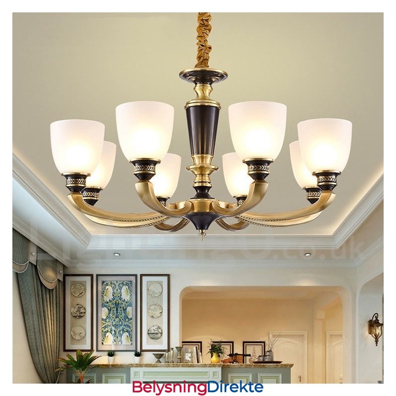 Luksuriøs Rustikk Retro Vintage Messing Anhengslysekrone Med Glassskjermer