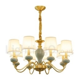 Luksuriøs Rustikk Retro Vintage Messing Keramikk Anhengslys Lysekrone Med Stoffskjermer