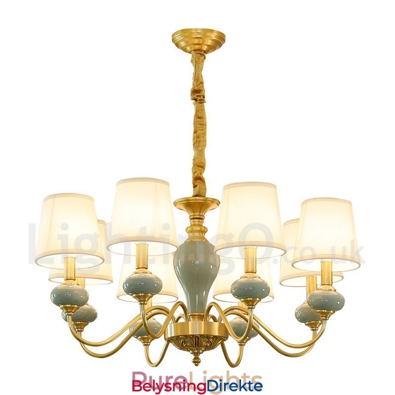 Luksuriøs Rustikk Retro Vintage Messing Keramikk Anhengslys Lysekrone Med Stoffskjermer