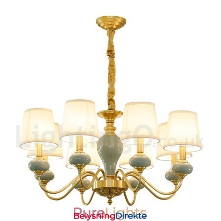 Luksuriøs Rustikk Retro Vintage Messing Keramikk Anhengslys Lysekrone Med Stoffskjermer
