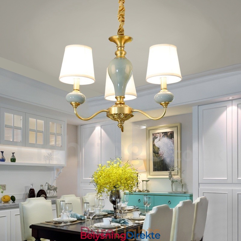 Luksuriøs Rustikk Retro Vintage Messing Keramikk Anhengslys Lysekrone Med Stoffskjermer